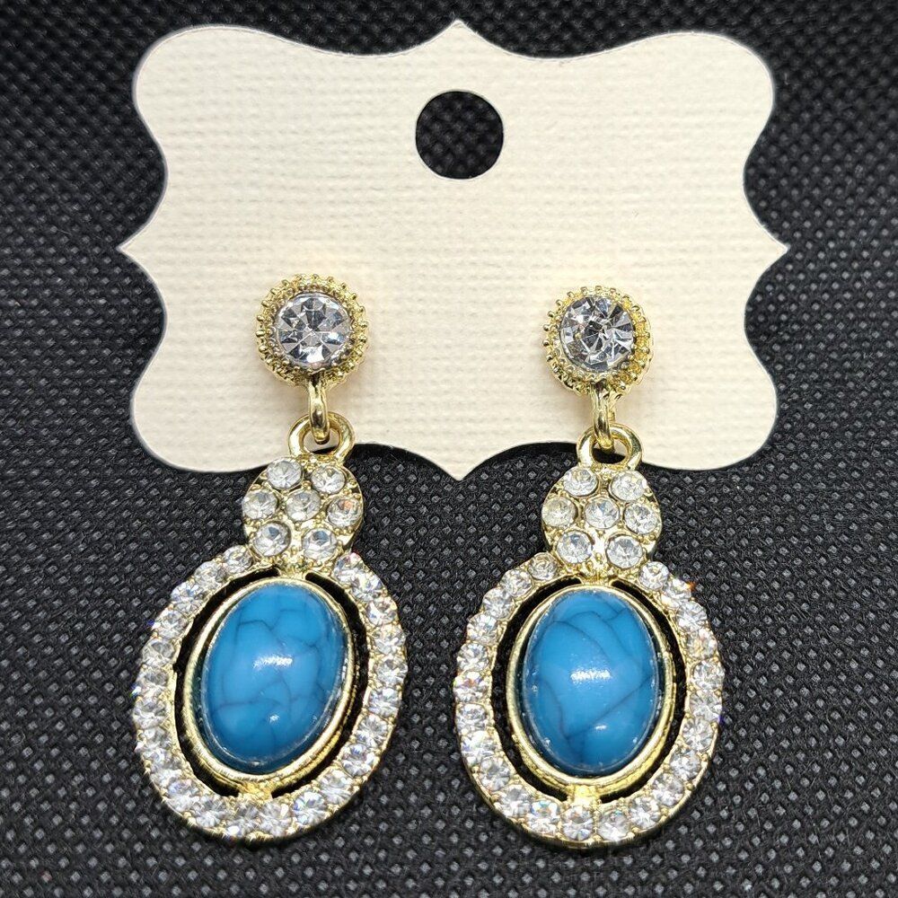 Dangle Earrings- Blue Stone w/ Cubic Zirconium Accents